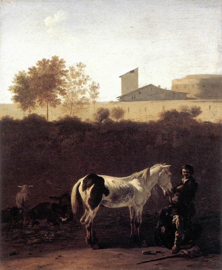 Italian Landscape with Herdsman and a Piebald Horse by