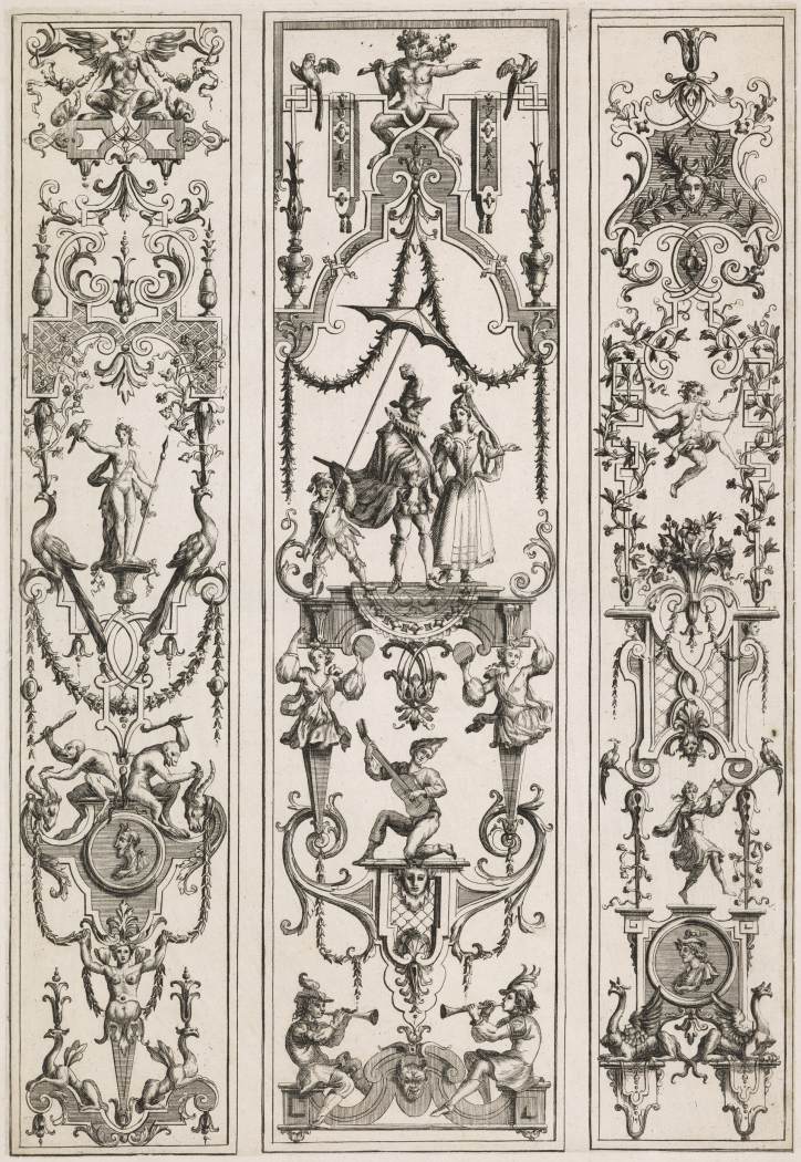 Panels of Grotesque Ornament with Commedia dell' Arte Figures by