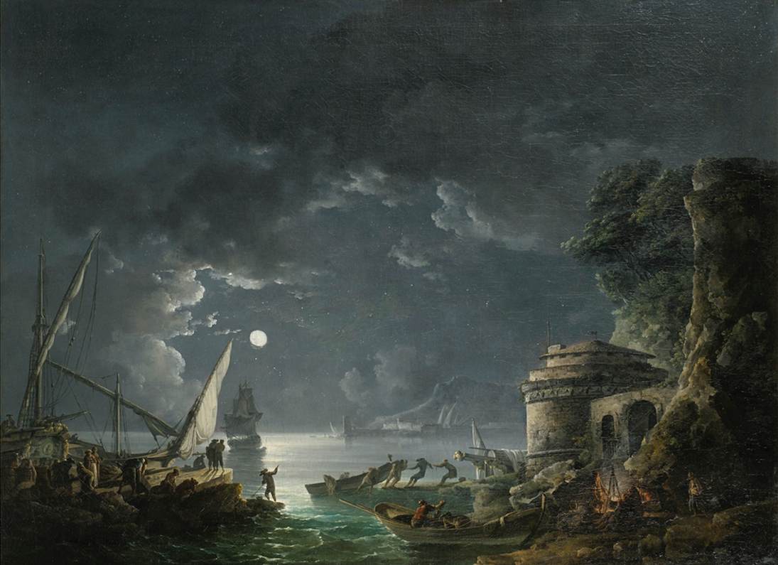 View of a Moonlit Mediterranean Harbour by BONAVIA, Carlo