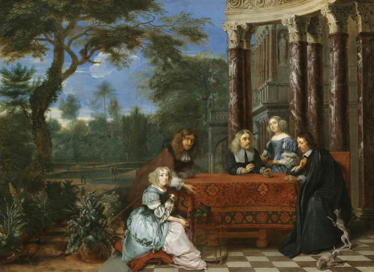 Family Seated at a Table in an Elegant Garden Exterior by BISET, Karel Emmanuel