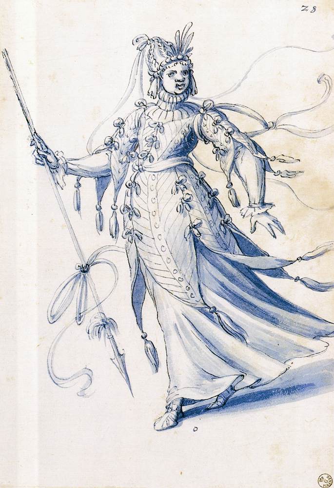 Costume drawing of a woman bearing a lance by ARCIMBOLDO, Giuseppe