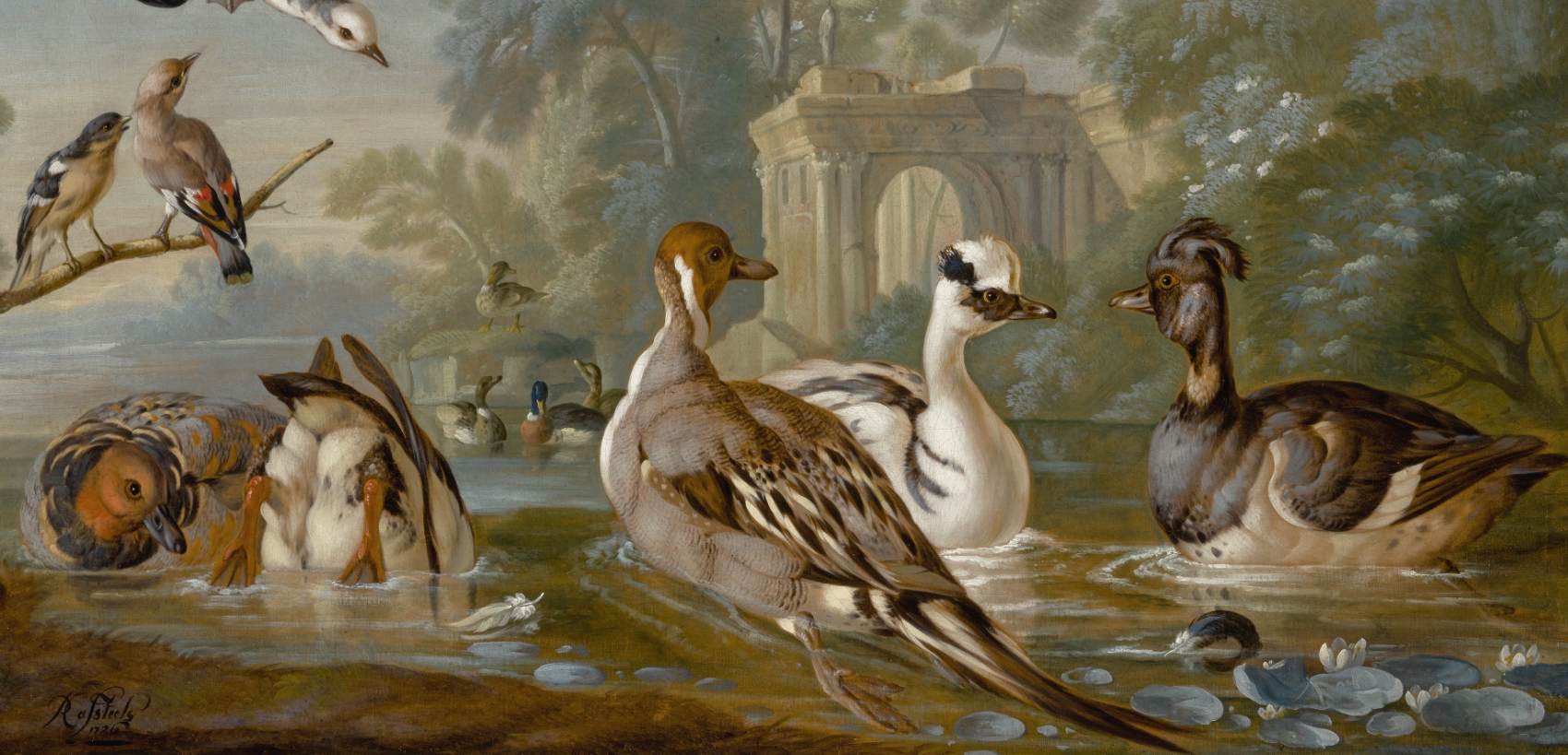 Waterfowl on a Pond with Other Birds in a Parkland Setting (detail) by