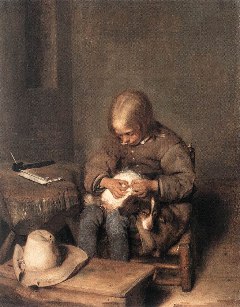 Boy Ridding his Dog of Fleas by TERBORCH, Gerard