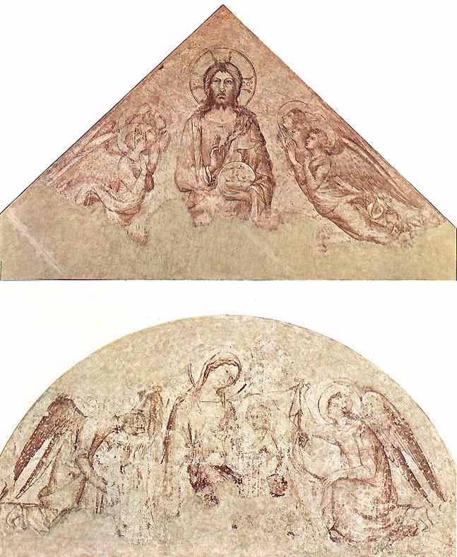 Saviour Blessing (tympanum) and Madonna of Humility (lunette) by