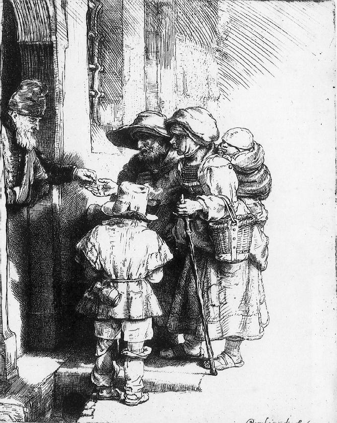 Beggars receiving alms at the door of a house by REMBRANDT Harmenszoon van Rijn