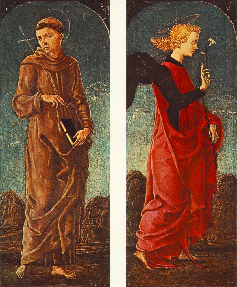 St Francis of Assisi and Announcing Angel (panels of a polyptych) by TURA, Cosmè