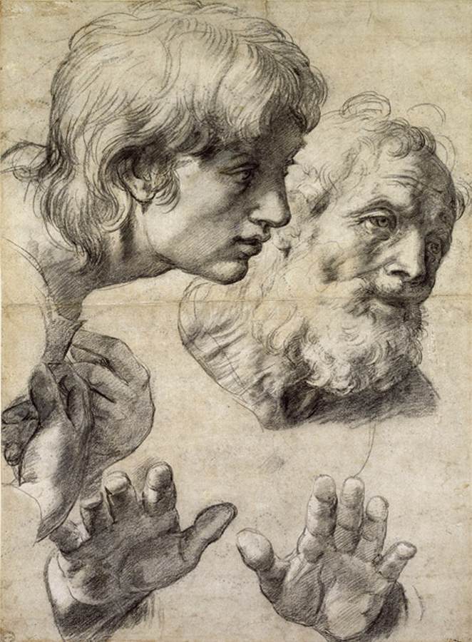 Head and hand studies for two Apostles by RAFFAELLO Sanzio