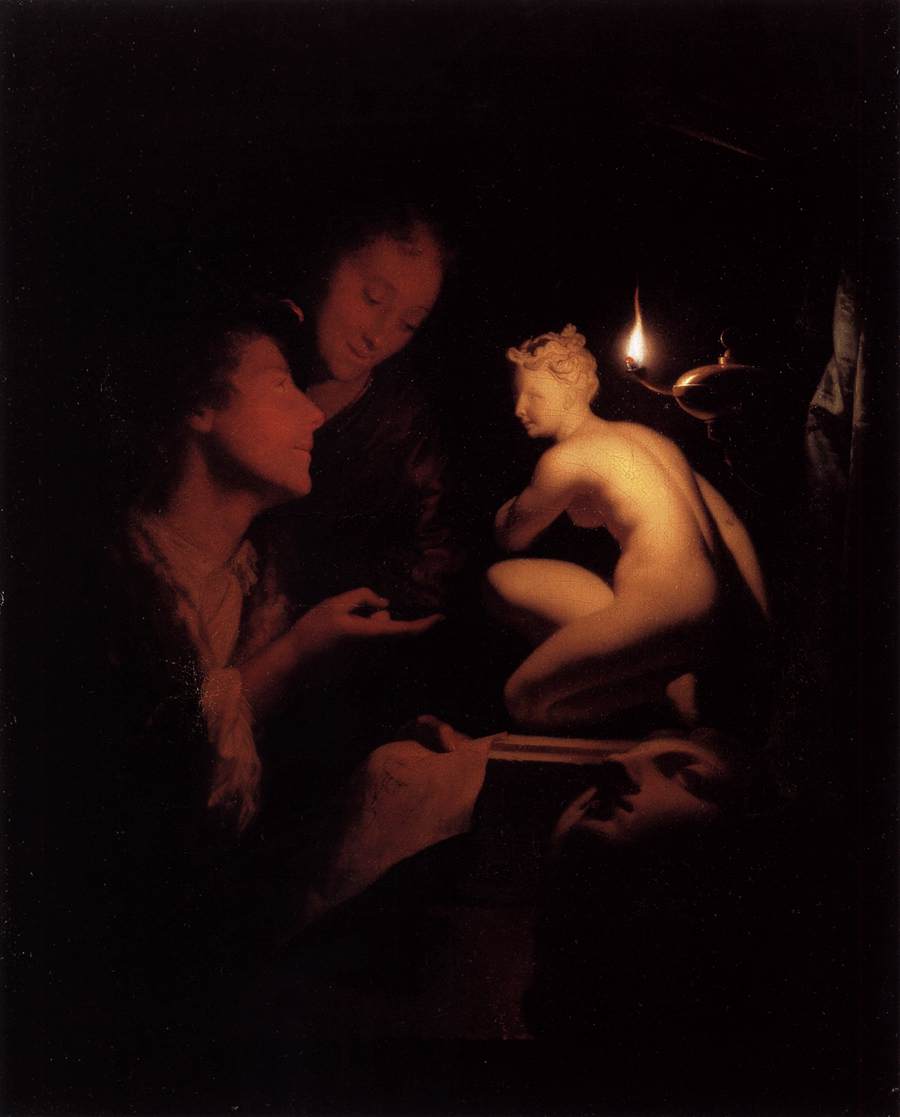 Artist and Model Looking at an Ancient Statue by Lamplight by SCHALCKEN, Godfried