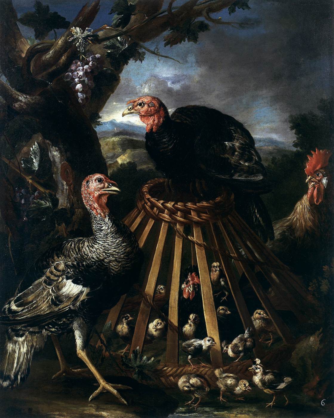 Turkeys, Cock, Mother Hen, and Chicks in the Countryside by