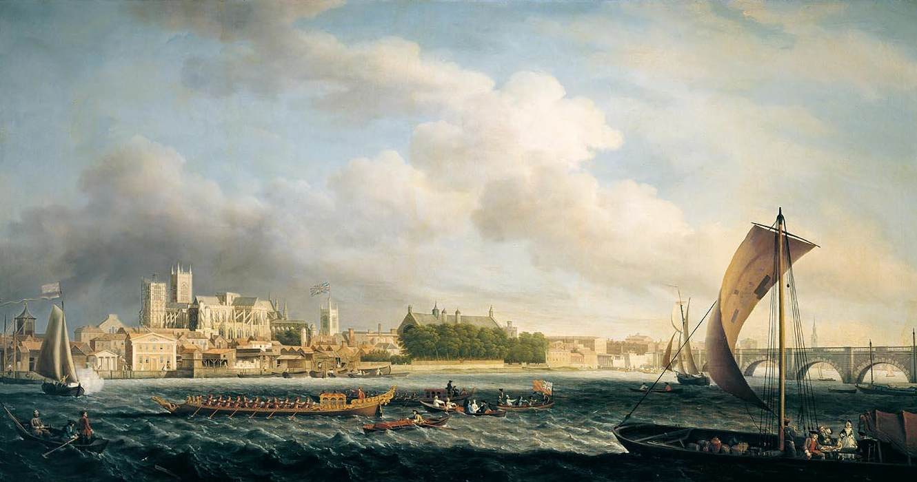 The Thames at Westminster Bridge with Barges by