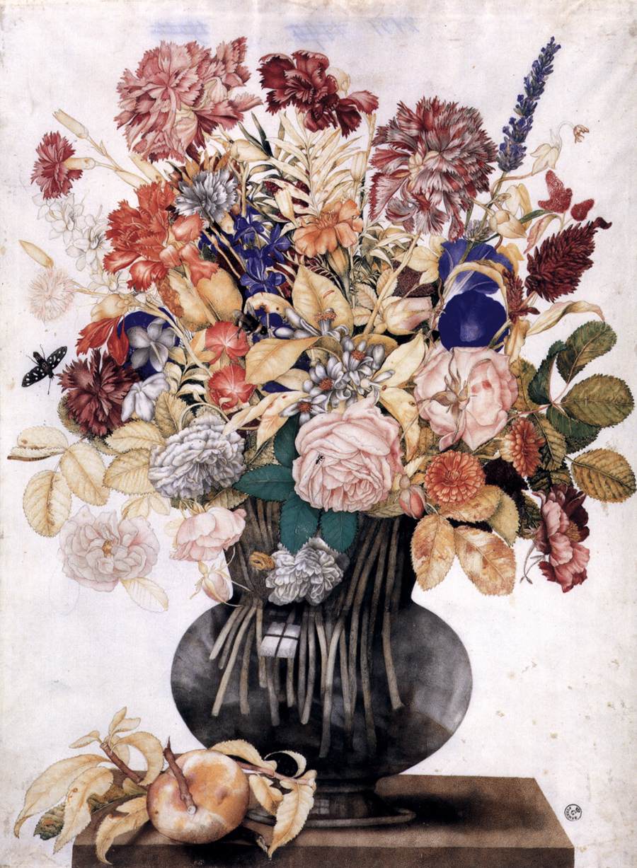 Vase with Flowers, a Peach and a Butterfly by