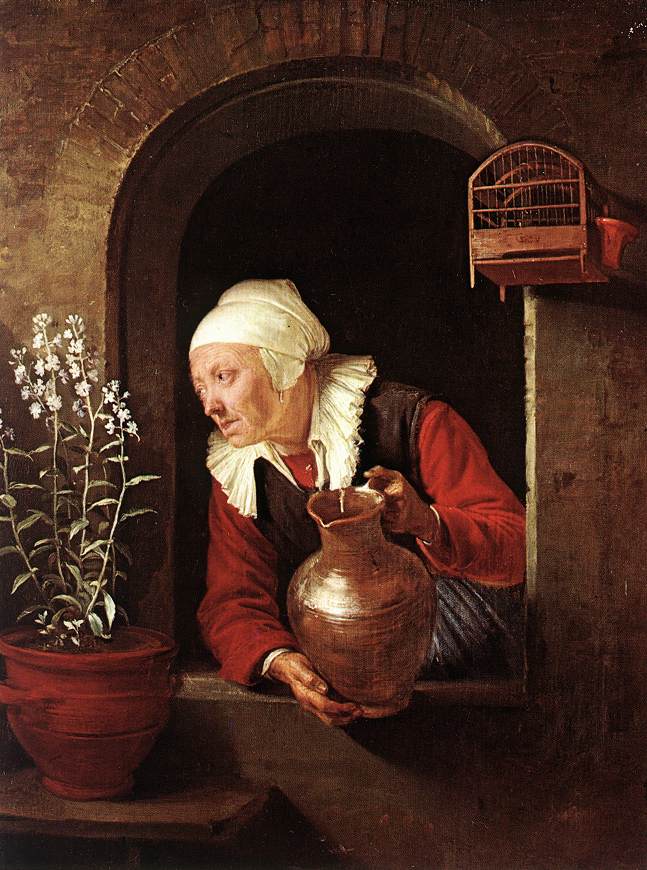 Old Woman Watering Flowers by DOU, Gerrit