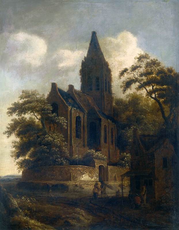 Travellers on a Road, Resting beside a Walled Church by